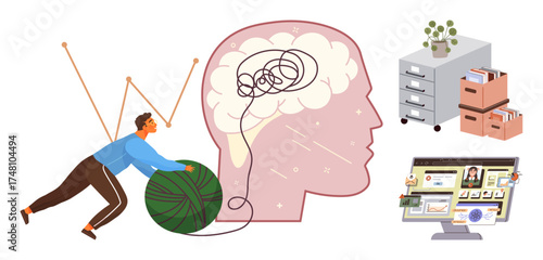 Man rolling yarn to untangle cluttered brain. Office files, desk, graphs symbolize planning, problem-solving, mental health. Ideal for productivity, mindfulness, creativity brainstorming