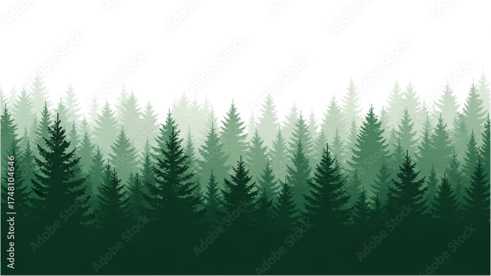 Fototapeta premium Evergreen Tree Silhouette Forest – Layered Green Conifer Landscape with Minimalist Atmospheric Perspective on White Background