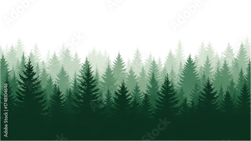 Evergreen Tree Silhouette Forest – Layered Green Conifer Landscape with Minimalist Atmospheric Perspective on White Background