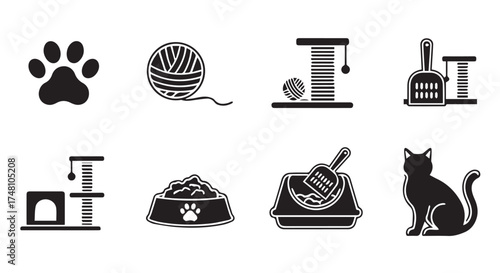 Collection of catrelated icons including a paw print, yarn ball, scratching post, litter box, food bowl, and a silhouette of a cat isolated on transparent background
