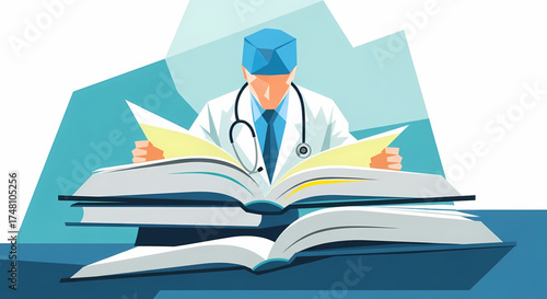 Dedicated medical professional intently studying complex textbooks to advance healthcare knowledge and foster academic excellence in the field of medicine and science, symbolizing continuous learning