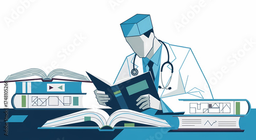 Focused medical professional intensely studying healthcare literature, symbolizing the continuous pursuit of knowledge and academic rigor essential for professional development and advancements