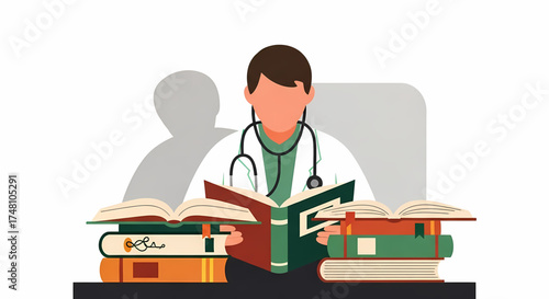 Dedicated medical professional immersed in intensive study, reading numerous educational books to expand expertise and master the complex field of healthcare and scientific understanding
