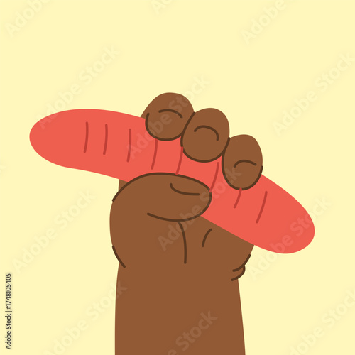 Hand of black child takes a golden chicken nugget on a colored background. Fast food, comfort food