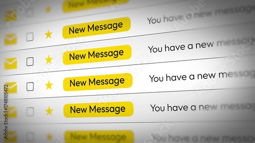 New Message Email notification list scrolling on the Screen with yellow highlighted box, 4k animation