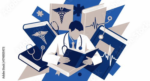 Dedicated medical professional immersed in a comprehensive study of health sciences, surrounded by textbooks and iconic symbols of medicine, representing extensive education and research