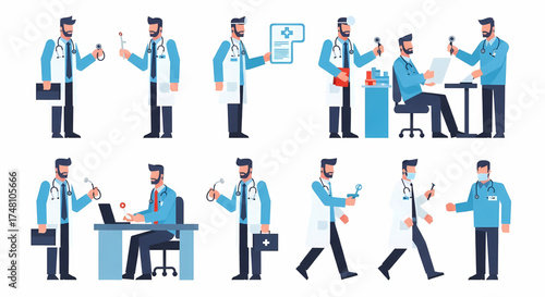 Professional male doctors in diverse poses and actions, performing medical duties, consulting, working, and examining, representing healthcare services and modern medicine