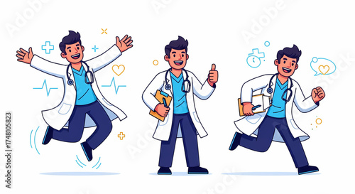 Dynamic vector cartoon doctor character set illustrating a friendly male physician in various energetic poses, perfect for health-related campaigns and wellness promotions