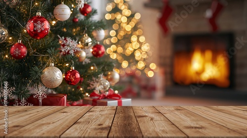 Cozy christmas interior evening scene with christmas tree and presents