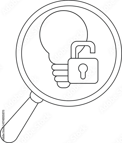 Blackandwhite graphic features a magnifying glass over an unlocked padlock attached to a lightbulb