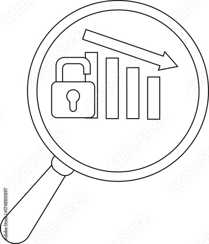 Magnifying glass focusing on a chart with a falling arrow and an open padlock