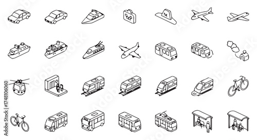 Collection of isometric transportation icons including cars, boats, airplanes, trains, and bicycles isolated on transparent background
