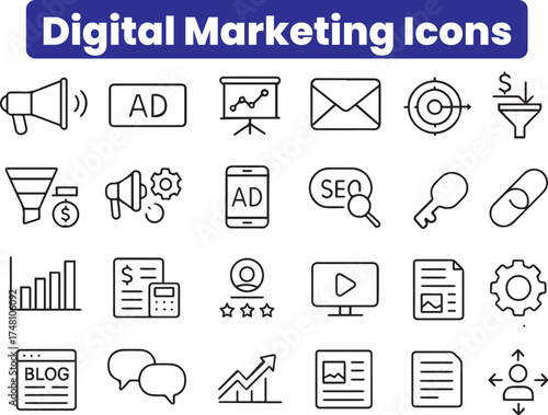 
Digital marketing and SEO line icons set Marketing & Search Engine Optimization outline icons collection Website search mail analysis content, strategy development store stock vector