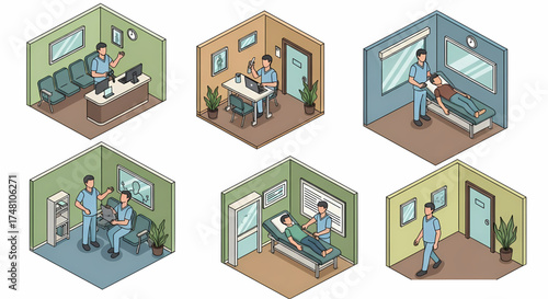 Isometric illustration set depicting diverse healthcare professional interactions within a modern clinic, showcasing patient reception, doctor consultations, medical examinations, and staff activities