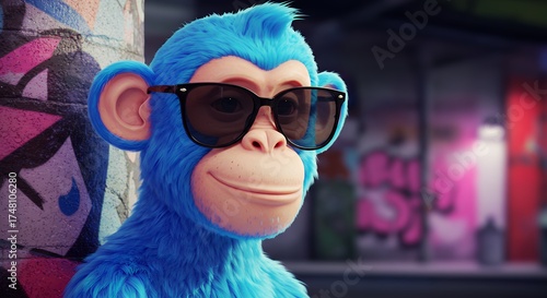 Blue monkey cartoon wearing sunglasses against graffiti background