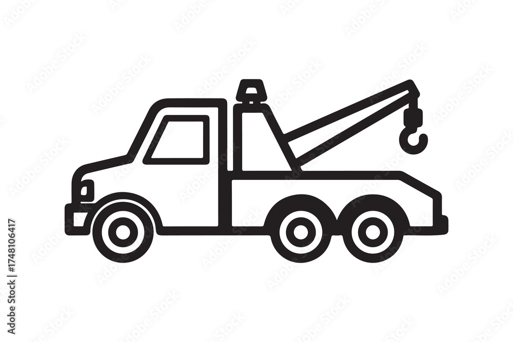 Naklejka premium Black vector silhouette of a tow truck, ideal for automotive, transport, or roadside assistance themes.