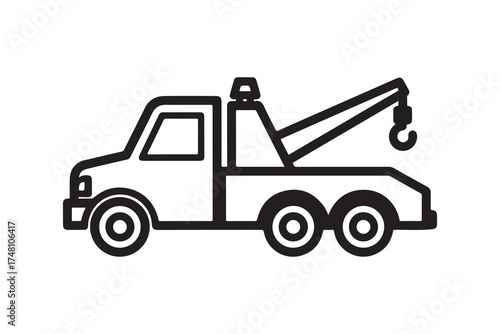 Black vector silhouette of a tow truck, ideal for automotive, transport, or roadside assistance themes.