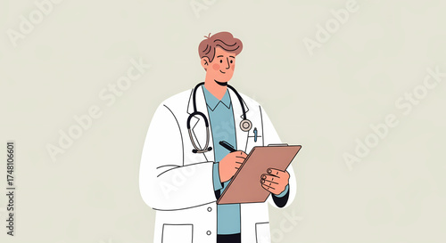 Professional Male Doctor in Lab Coat with Stethoscope Writing Medical Notes on Clipboard, Providing Healthcare and Consultation Services in a Clinical Setting for Patient Care and Diagnosis