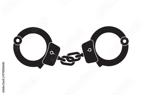 Black handcuffs linked by chains are shown against the transparent background