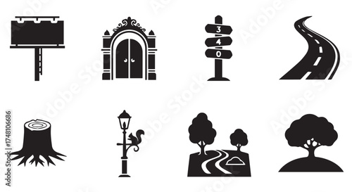Collection of black icons representing urban elements like a billboard, doorway, signpost, road, tree stump, and lamppost isolated on transparent background