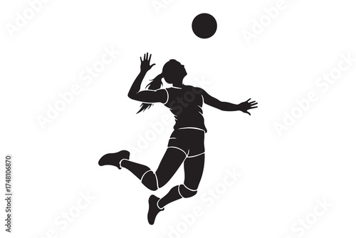 Black silhouette shows Asian woman volleyball player jumping and hitting the ball with transparent background