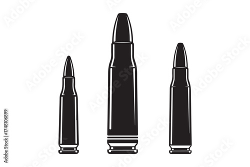 Black silhouettes display three ammunition sizes against a crisp white transparent background precisely