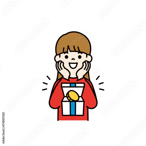 ポイントを貰って喜ぶ、若い女性のシンプルな上半身ベクターイラスト素材＿カラー