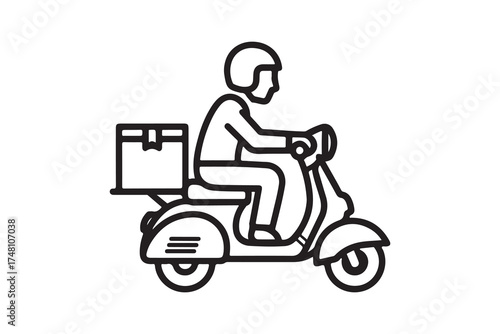 Person with helmet rides scooter with delivery box in a simple black line on transparent background