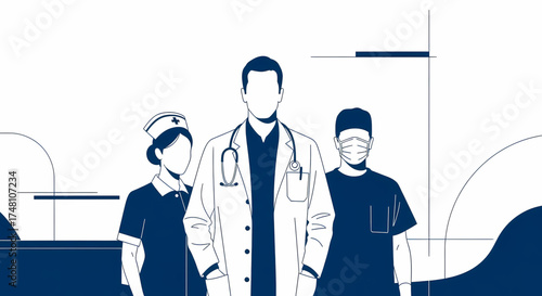 Dedicated and skilled healthcare professionals, including doctors and nurses, stand united in a modern, minimalist line art illustration, representing essential medical support, unwavering commitment