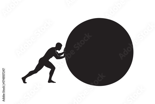 Silhouette shows a man pushing huge black ball with transparent background