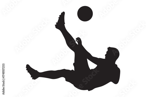 Silhouette reveals football player powerfully striking the soccer ball, set against transparent backdrop