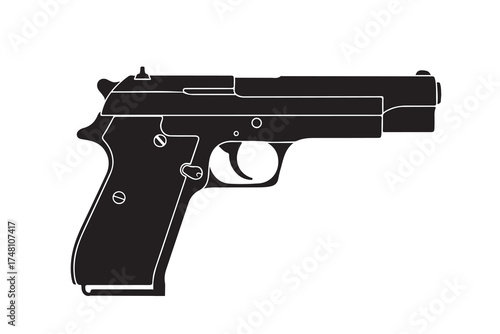 Solid black pistol displays a sleek form and precise detail with a transparent background