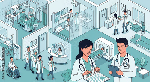 Modern hospital operations illustrated with medical professionals, doctors, and nurses providing advanced patient care, consultations, and treatments in a comprehensive healthcare facility utilizing
