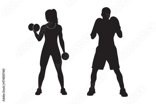 Strong woman lifts weights as a boxer prepares for a fight, all in silhouette