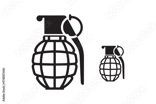 Two stylized black hand grenades are depicted on the white transparent background clearly