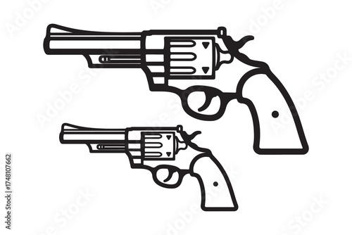 Two stylized revolvers are illustrated with bold black outlines on a white backdrop