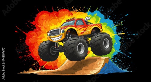Cartoon monster truck on colorful splashes against dark backdrop