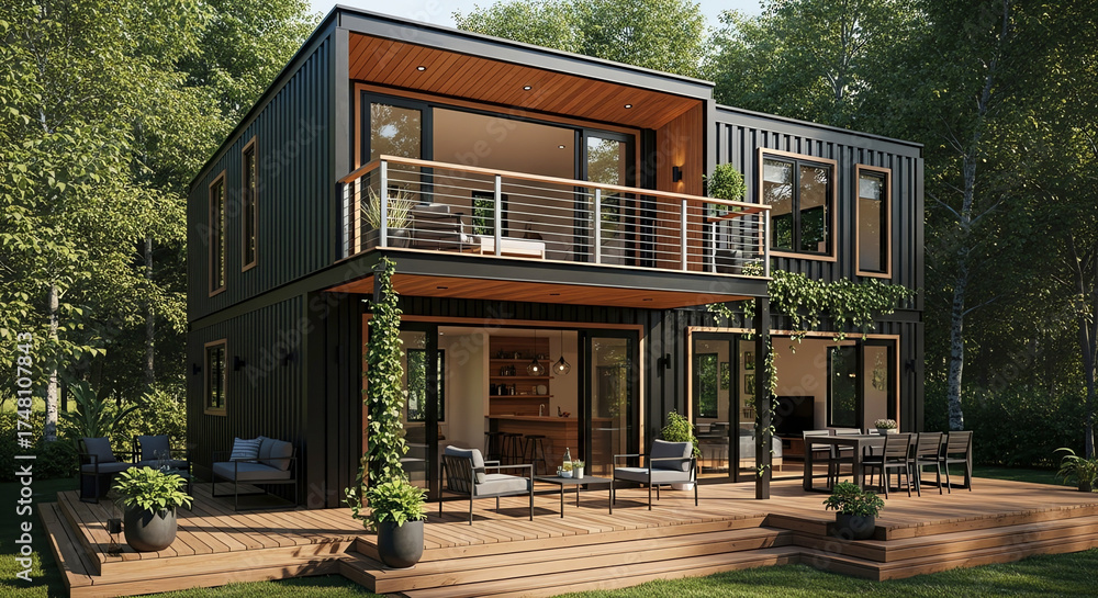 Fototapeta premium Modern house with large balcony surrounded by greenery in daylight 