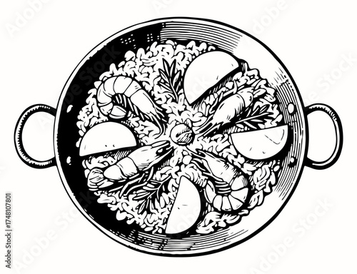 Paella vector engraving style illustration
