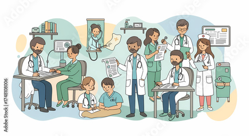 A bustling illustration depicting a collaborative team of medical professionals, including doctors and nurses, diligently working in a healthcare environment, symbolizing dedication to patient care