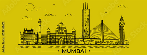 Vector Sketch of Mumbai Skyline with Iconic Landmarks like Gateway of India, Taj Palace, Bandra–Worli Sea Link, CST Terminal, and Marine Drive — For Poster Art and City Illustration Design