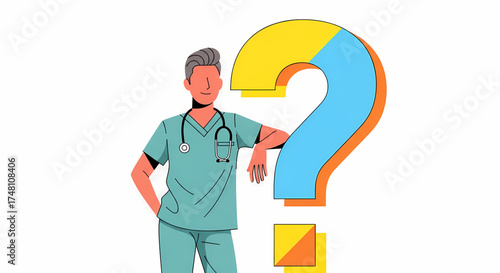 Dedicated healthcare professional in scrubs pondering complex medical queries, leaning against a vibrant question mark symbolizing diagnostic challenges and the quest for answers in modern medicine