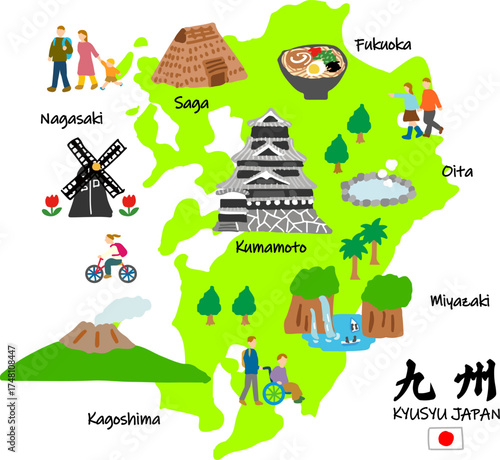 九州旅行、手描きの観光スポットと観光客フラットイラスト