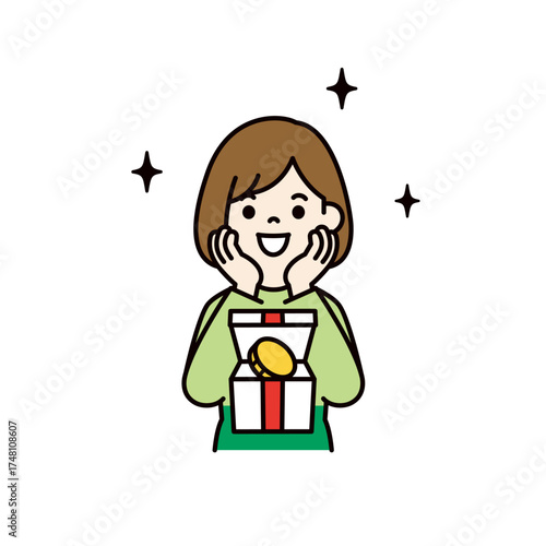 ポイントを受け取って喜ぶ、若い女性のシンプルな上半身ベクターイラスト素材＿カラー