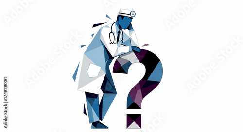 Conceptual illustration of a thoughtful doctor pondering complex medical questions, symbolizing diagnostic challenges, healthcare uncertainties, and the search for solutions in modern medicine