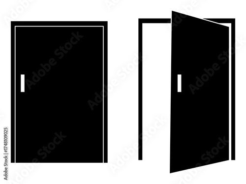 Two black open and closed doors icons on a white background