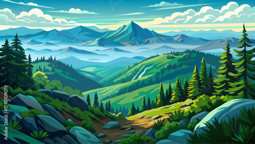 Very beautiful panoramic view of Pisgah National Forest in North Carolina, USA, vector-style landscape showcasing lush greenery, distant mountains, and serene natural beauty.