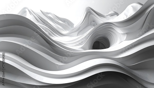 Fototapeta Naklejka Na Ścianę i Meble -  Abstract grayscale 3d rendered layered shapes resembling a tunnel, waves