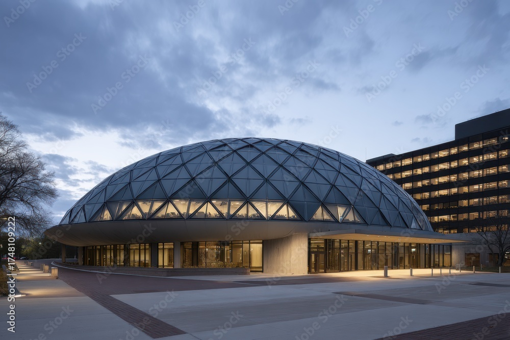 Obraz premium Futuristic University Auditorium With Glass Dome at Dusk on Campus