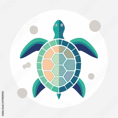 Artistic Illustration of a Sea Turtle in Geometric Style with Circular Backdrop